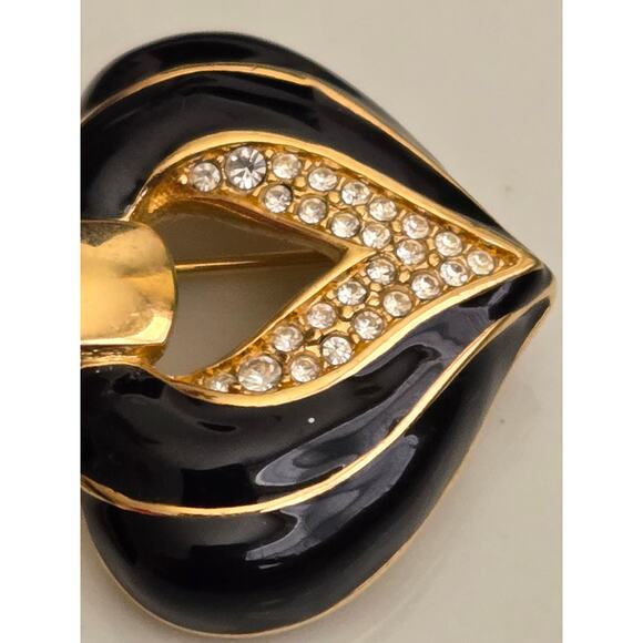 Vintage Gold Tone, Enamel and Pave Clear Swarovski Crystal Double Heart Brooch - Picture 3 of 7